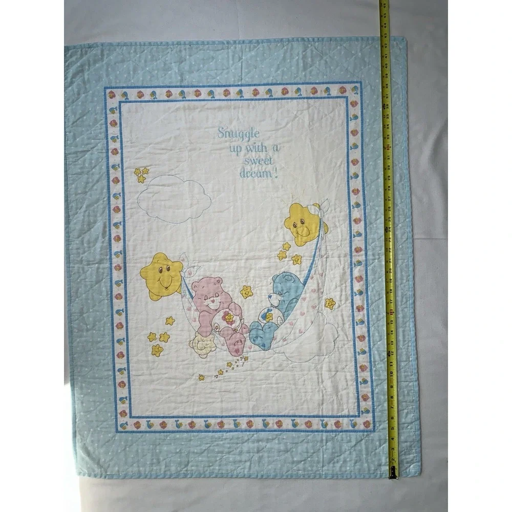 Vtg Care Bears Baby Crib Quilt Handmade 32x43 Nursery Blanket Stars Blue Edge